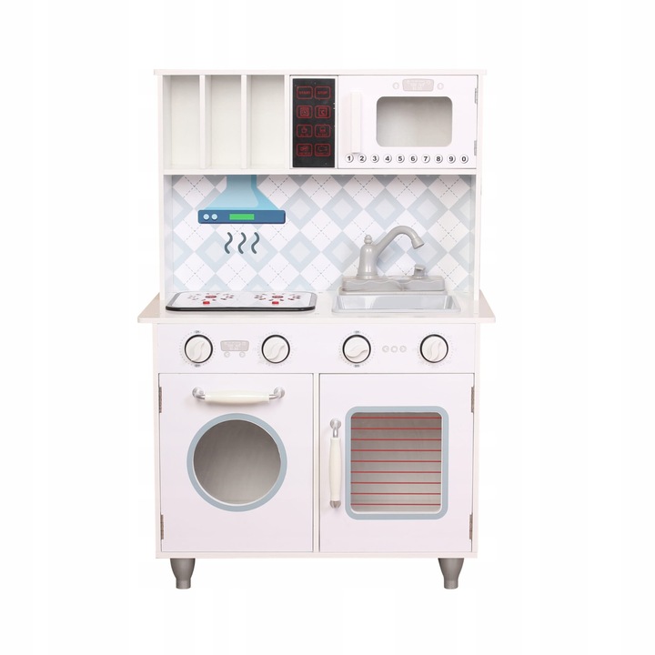 Bucatarie din lemn pentru copii Luka, model KD20, alb, cu efecte sonore si luminoase, cu cuptor si microunde deschise