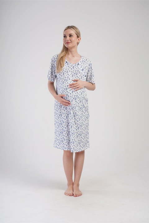 Camasa de noapte gravida, deschidere pentru alaptat, bumbac, alb 7187, Alb