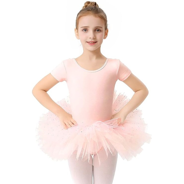 Rochie de balet pentru fetite, MeccEos, cu fusta tutu, body incorporat si maneci scurte, decorat paiete, marimea L - 140 ( 8 - 10 ani), Roz