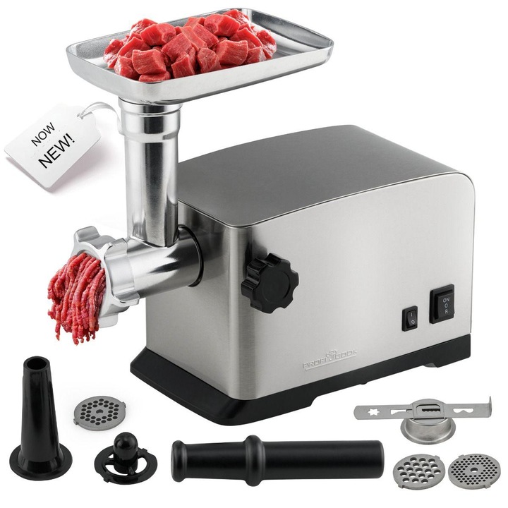 Месомелачка Proficook, PC-FW1272, 2 кг/мин, 1200 W, 3 перфорирани диска 3/5/7 мм, функция реверс, аксесоари колбаси, кебе, бисквити, нож с 4 остриета със стоманено покритие, неръждаема стомана