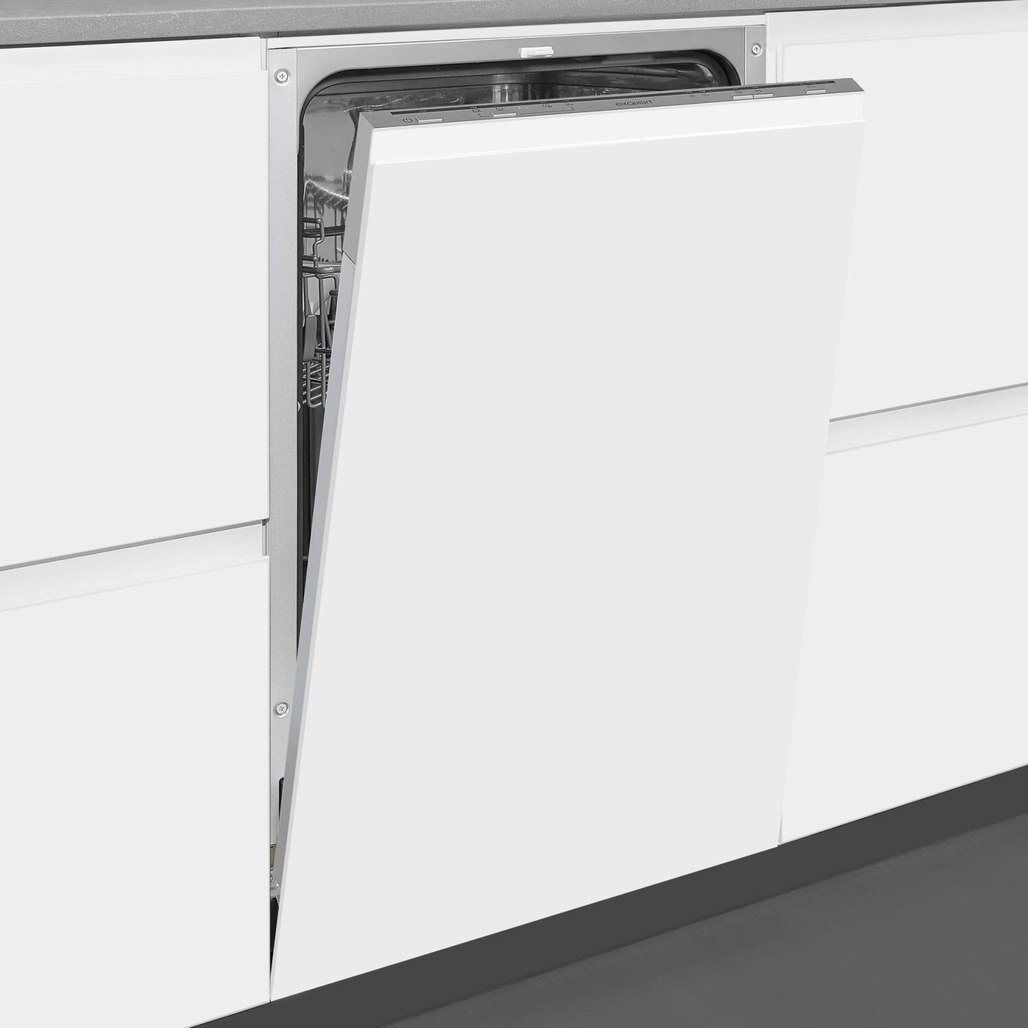 Masina de spalat slim incorporabila Exquisit, 9 seturi, latime 45 cm, pornire intarziata pana la 9 h, 5 programe, functie ECO, extra-uscare, panou de control mecanic, indicator pentru detergent, inox