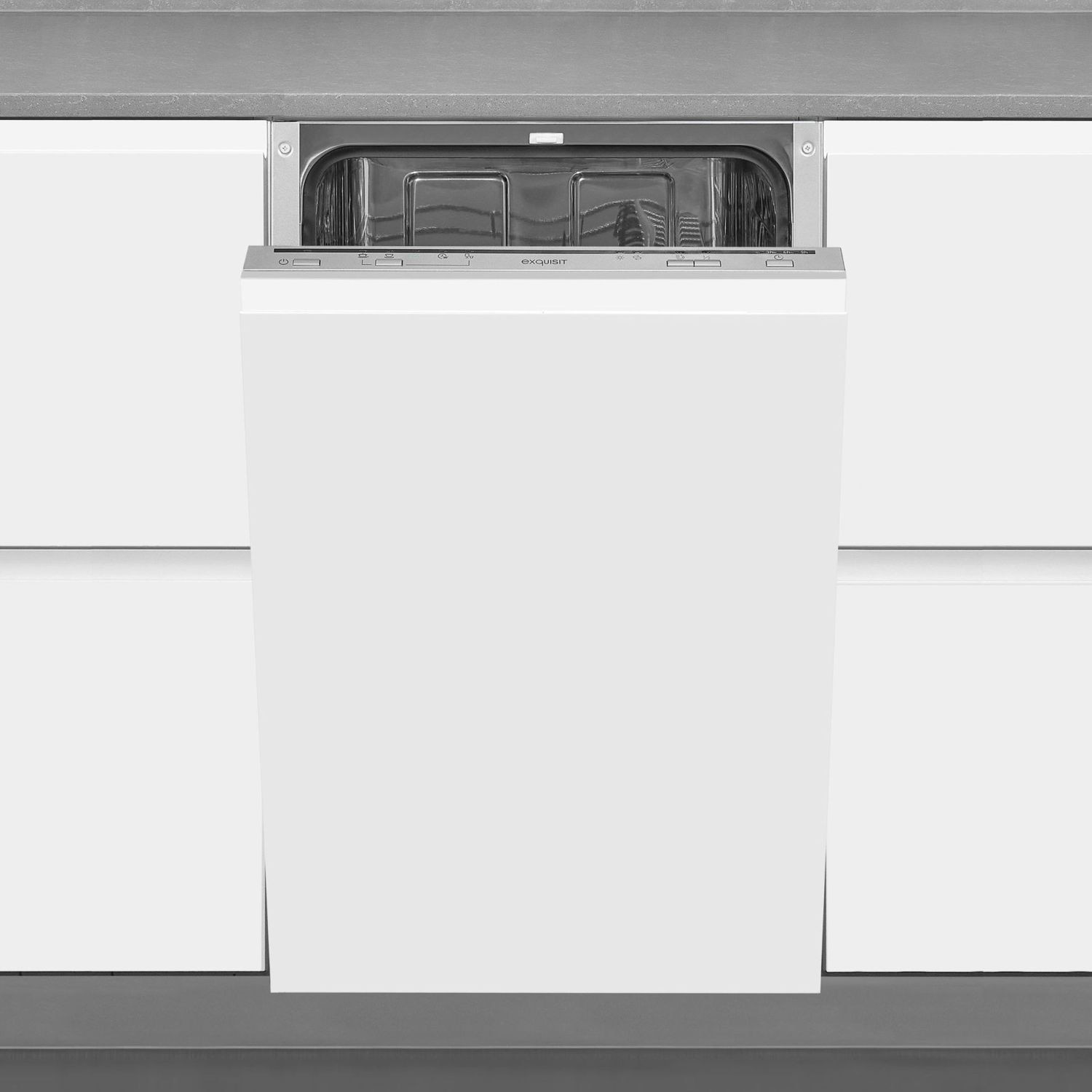 Masina de spalat slim incorporabila Exquisit, 9 seturi, latime 45 cm, pornire intarziata pana la 9 h, 5 programe, functie ECO, extra-uscare, panou de control mecanic, indicator pentru detergent, inox