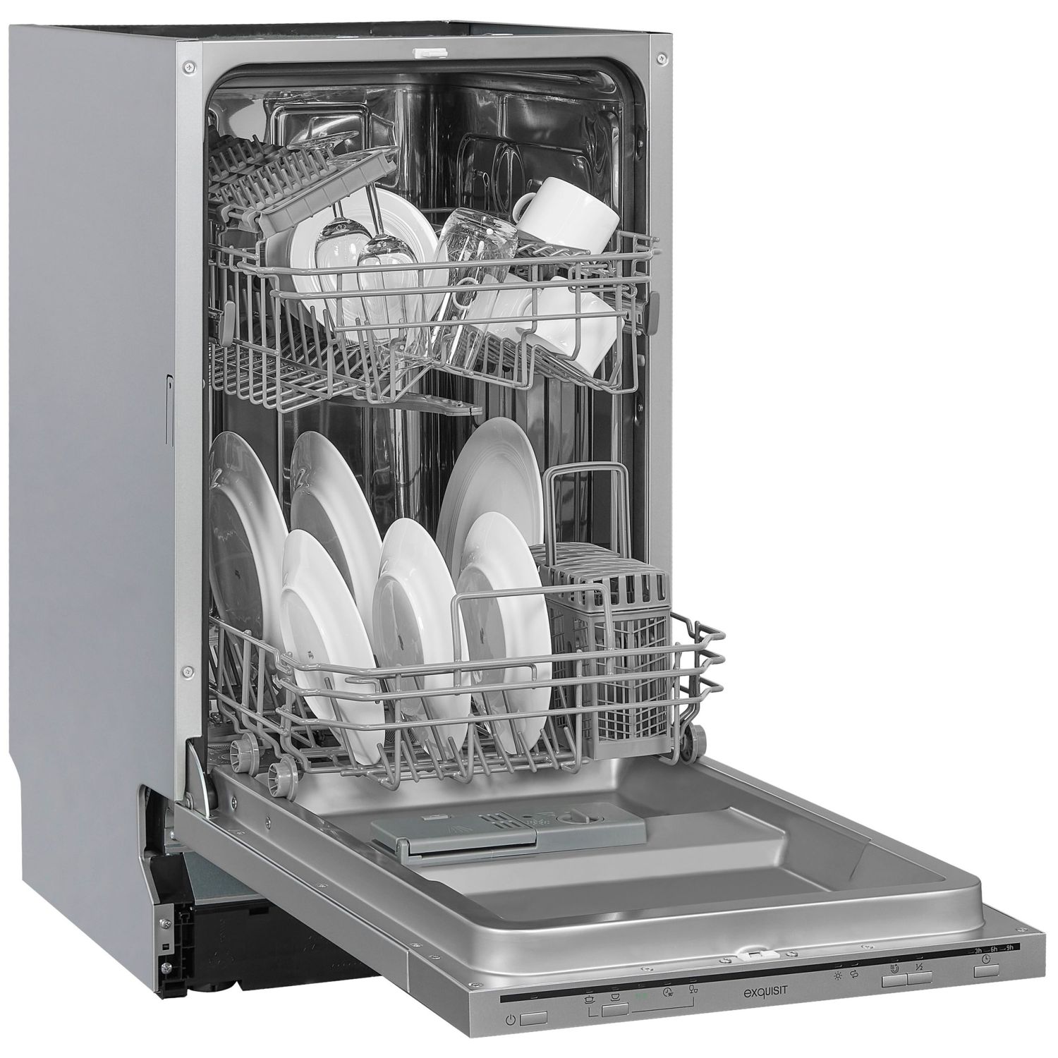 Masina de spalat slim incorporabila Exquisit, 9 seturi, latime 45 cm, pornire intarziata pana la 9 h, 5 programe, functie ECO, extra-uscare, panou de control mecanic, indicator pentru detergent, inox