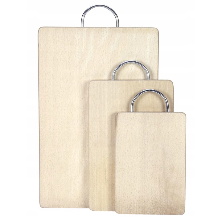 Set 3 Tocator de bucatarie, Gigant, Lemn, 3 dimensiuni, cu maner din otel, Nevopsit, Traditional