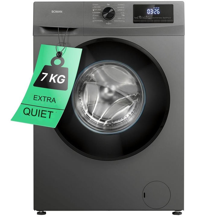 Пералня Bomann, WA7175GR, капацитет 7 кг, клас А, 15 програми, ниска консумация, 1400 оборота, LED дисплей, 6 температурни нива, защита от преливане, допълнително изплакване, отложен старт, контрол на пяната, звуков сигнал, антрацит