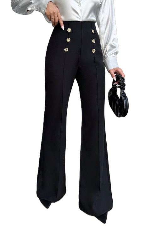 Pantaloni Dama, Evazati, Cu Talie Inalta, Decorati Cu Nasturi Dubli, Negru
