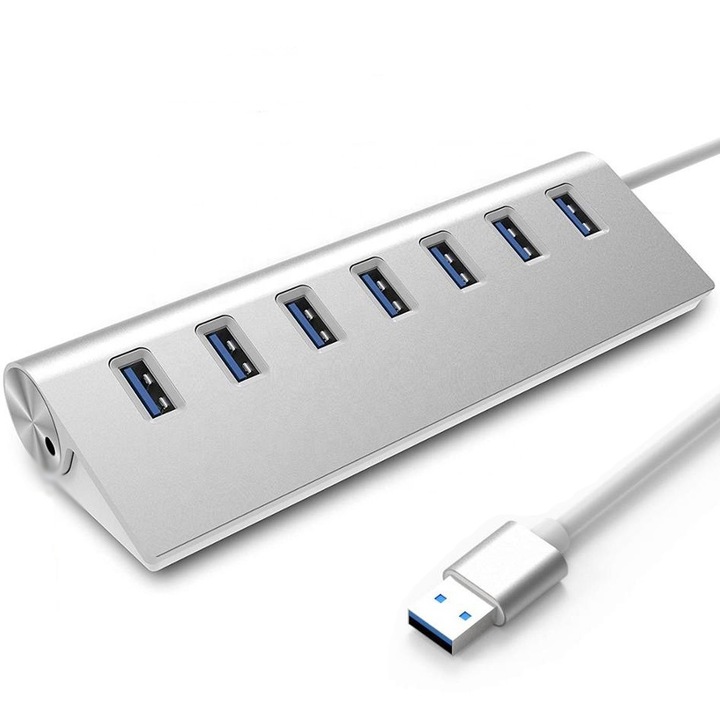 HUB USB, Co2, 7 x USB 3.0, argintiu, 16x30cm, suporta pana la 5Gb/s