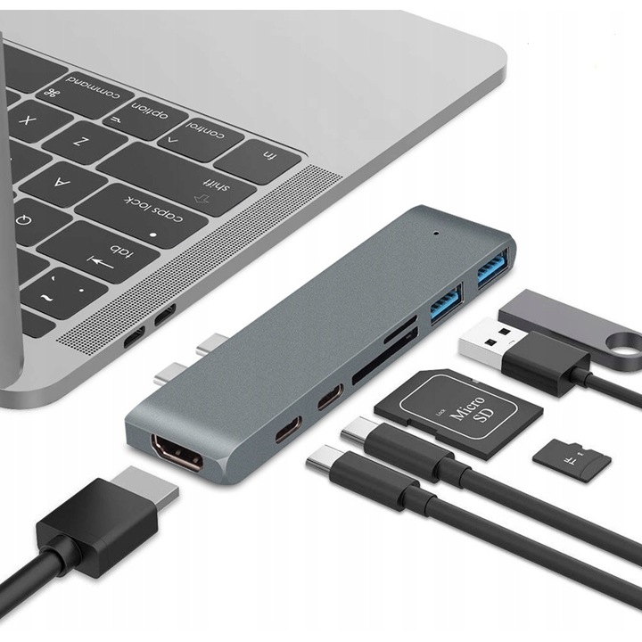Hub 7 in 1 Co2 pentru MacBook Pro/Air, Thunderbolt 3, HDMI 4K, Silver