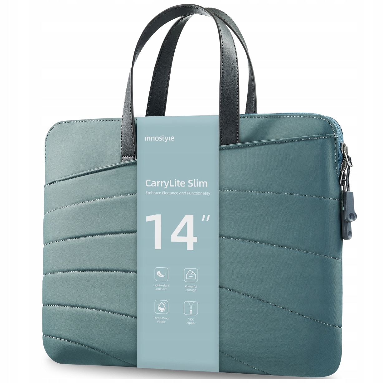 Geanta laptop Innostyle® CarryLite Slim, pana la 14", impermeabila, ultralight (340g), buzunare externe acces rapid, material PU rezistent la abraziune, fermoare YKK, design ergonomic, verde
