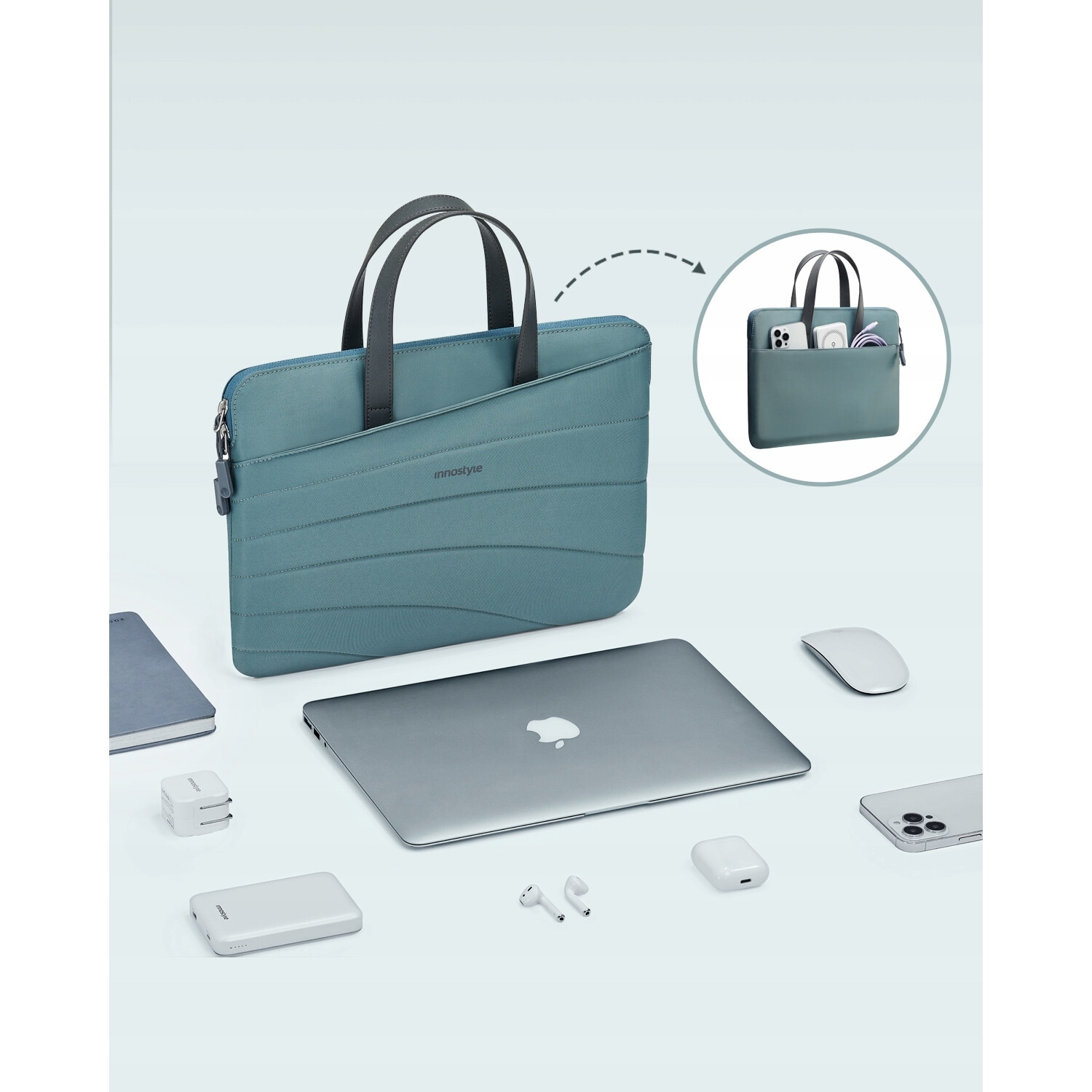 Geanta laptop Innostyle® CarryLite Slim, pana la 14", impermeabila, ultralight (340g), buzunare externe acces rapid, material PU rezistent la abraziune, fermoare YKK, design ergonomic, verde