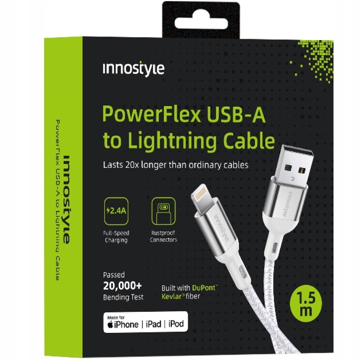 Innostyle Powerflex Usb Lightning Mfi Gyors Töltő Kábel Iphone Kevlár 2M Ezüst