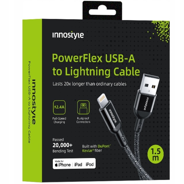 Innostyle Powerflex Usb Lightning Mfi Gyors Töltőkábel Iphone Kevlar 2M Fekete