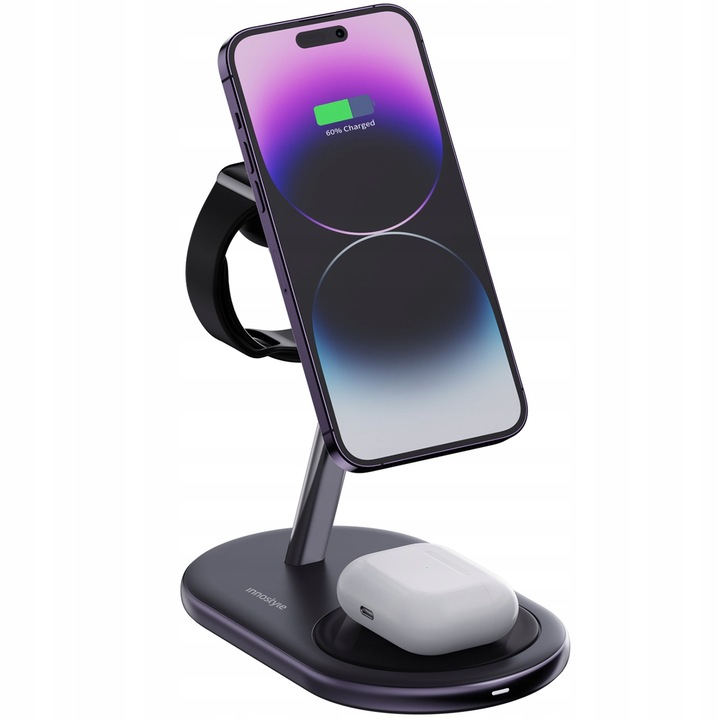 Indukciós töltő Innostyle® MagStation, 3 az 1-ben dokkoló állomás, kompatibilis MagSafe, iPhone, Apple Watch és AirPods eszközökkel, 22,5W gyors töltés, erős mágnesek, SafeShield biztonsági rendszer