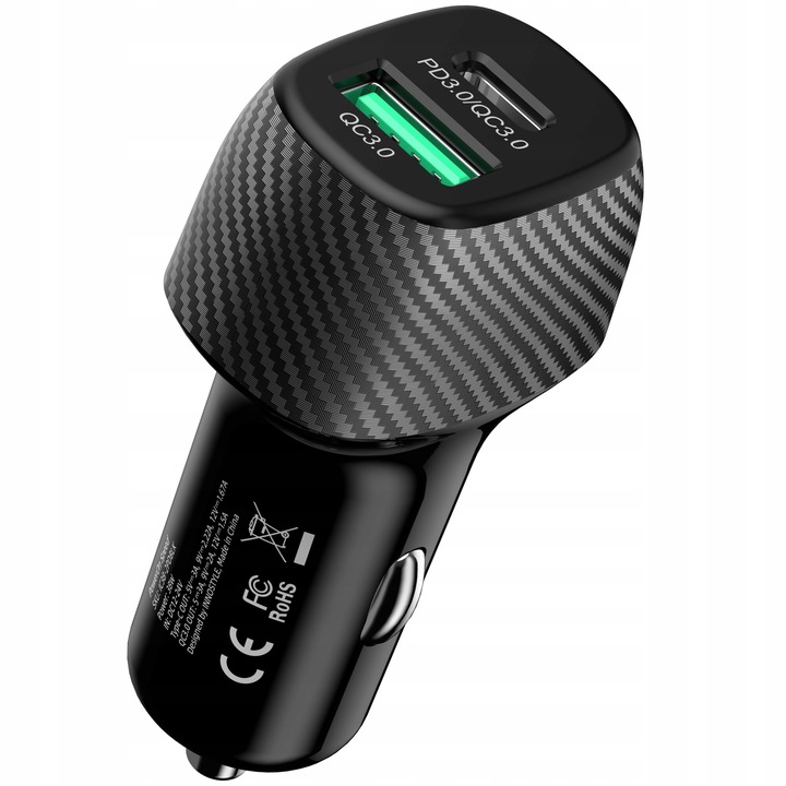 Incarcator auto Innostyle® PowerOn Speed, 38W, 2 porturi USB-A si USB-C, incarcare rapida, suport Quick Charge 3.0 si Power Delivery 3.0, siguranta SafeShield, compatibil cu iPhone, compatibil cu Samsung, negru