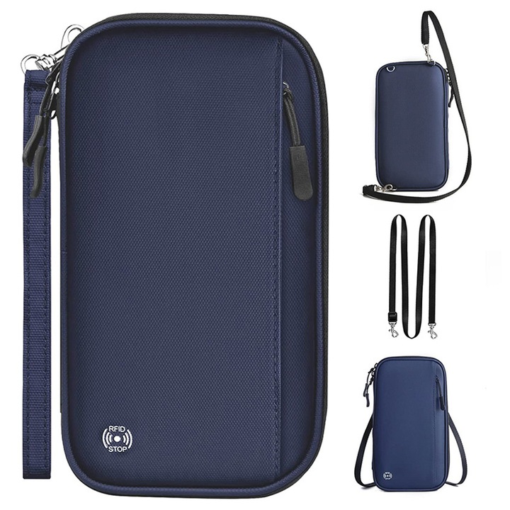 Portofel organizator pasaport, capacitate mare, protectie RFID, poliester, 23x13x3cm