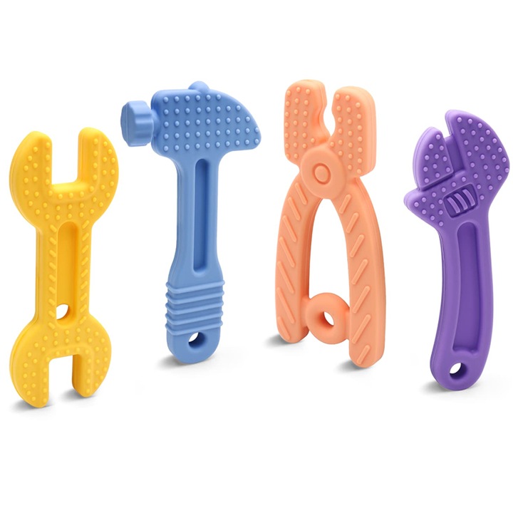 Set jucarii de dentitie din silicon BPA-free, Peysaitr, 4 forme si culori, pentru bebelusi 0-12 luni