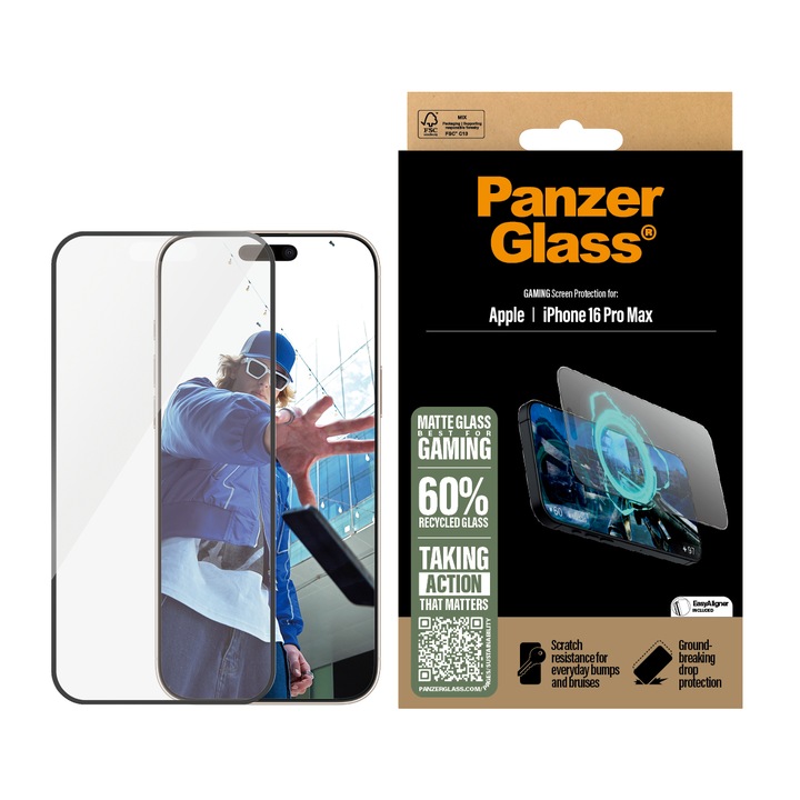 Стъклен протектор PanzerGlass за iPhone 16 Pro Max, Gaming, Ultra-Wide Fit, Черен