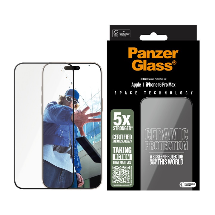 Стъклен протектор PanzerGlass за iPhone 16 Pro Max, Ceramic, Ultra-Wide Fit, Черен