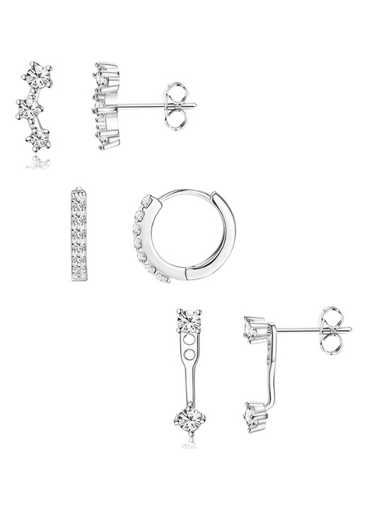Set cercei argint, PEEIK, 3 piese, cercei stud si cercei cerc, zirconiu, argintiu