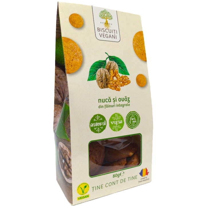 Biscuiti vegani integrali handmade cu Nuca si Ovaz, fara E-uri, coloranti sau conservanti, 80g, Govinda