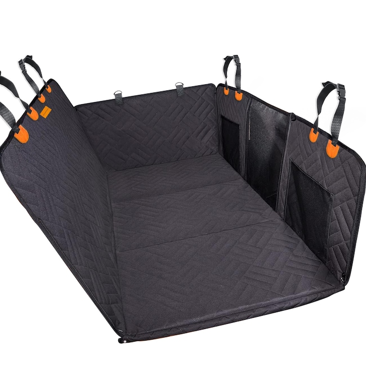 Husa scaune auto protectie si transport animale extinsa NextWave®️, insertie 3 placi pentru caini, pisici de toate taliile, rezistenta pana la 140 kg, ofera protectie bancheta spate autoturism, pat animale, Universala, Negru