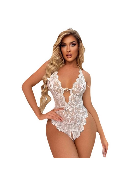 Body sexy dama, Nylon, Alb, Plus Size, Alb