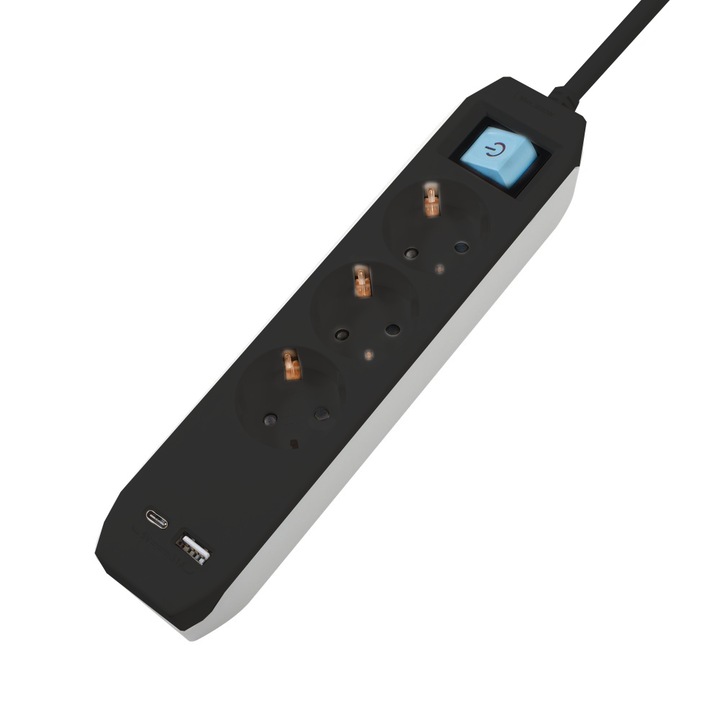 Prelungitor SPACER, Schuko x 3, Type-C x1, USB x 1, 3.1A, cablu 1.8m, 16 A, max. 3500W, protectie copii, Intrerupator, Negru