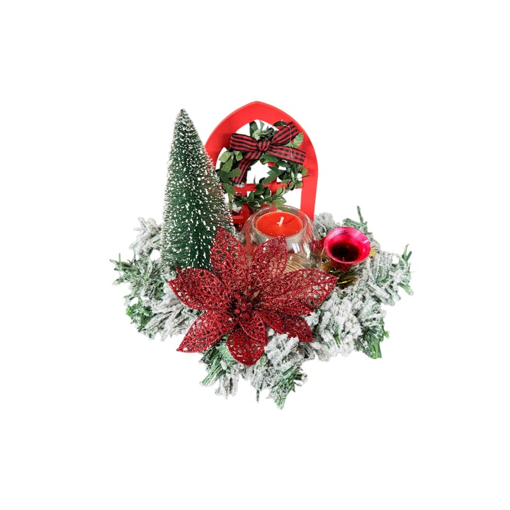 Karácsonyi asztaldísz, műfa, földgömbök, üveg gyertyatartó, 16 cm