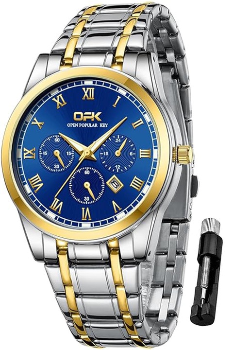 Мъжки часовник, Hggzeg, Светещи индекси, Показване на дата, Аналогов, Бизнес, Устойчив на удари и надраскване, Водоустойчив, С кутия, Кварц/Неръждаема стомана, 19 см, Син/Златист