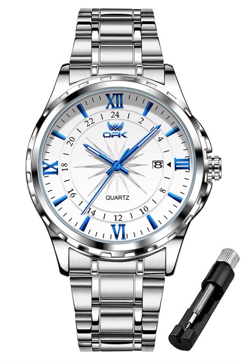 Мъжки часовник, Hggzeg, Светещи индекси, Устойчив на удари и надраскване, Водоустойчив, С кутия и инструмент за регулиране, Кварц/Неръждаема стомана, 20.5см, Син/Сребрист