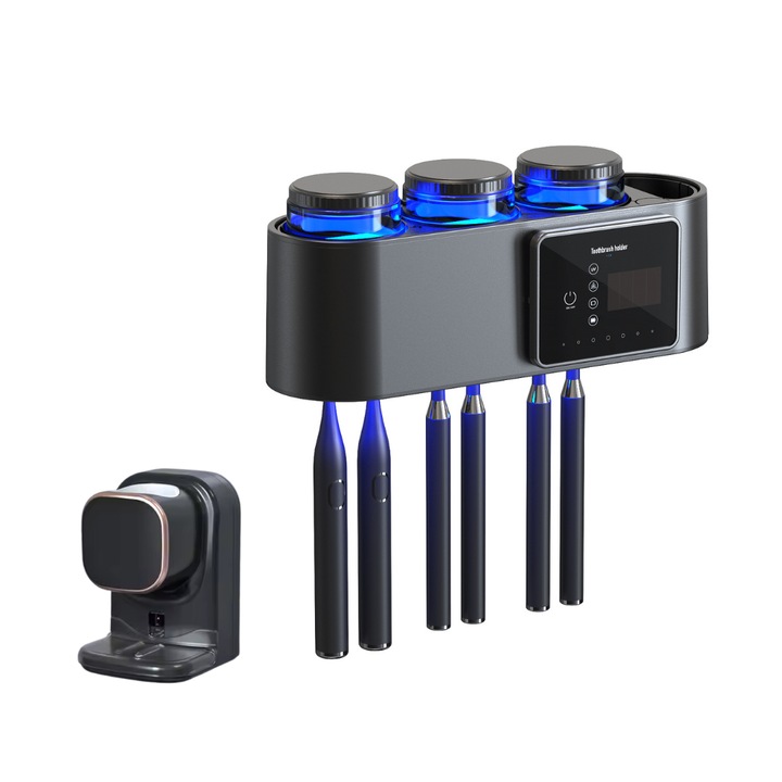 Suport periute de dinti, cu sterilizare UV, Dispenser cu Senzor pentru Pasta, Functie de Uscare si Sterilizare Antibacteriana, Prindere Perete prin Lipire, 6 Sloturi, Ciclu Automat la Fiecare 12 ore, Acumulator 2000mAh, Afisaj Digital