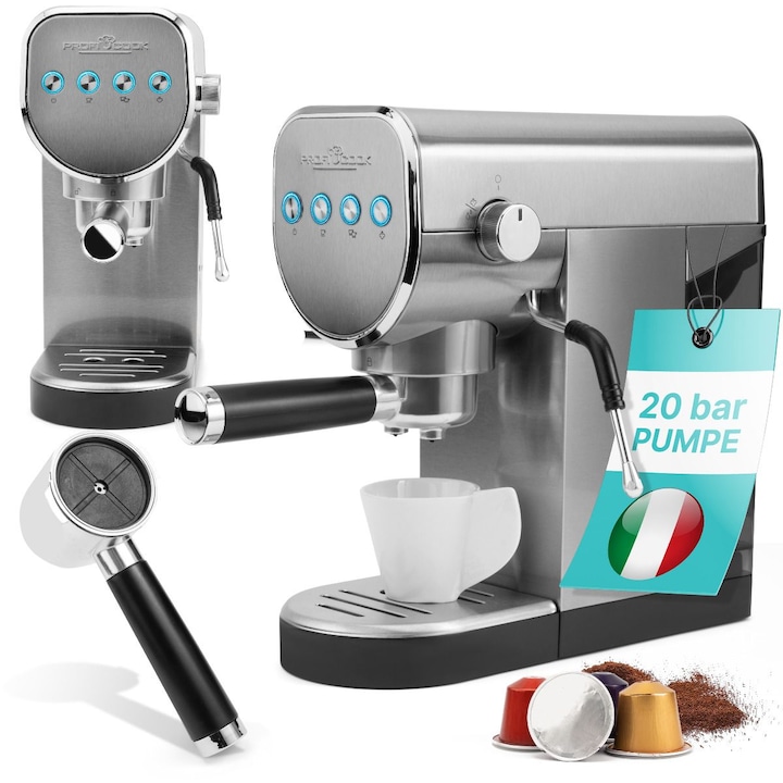 Espressor 2in1 ProfiCook, PC-ES-KA 1265, compatibil cu cafea macinata/capsule Nespresso, 20 bari, rezervor apa 1 litri, duza spumare lapte, ideal pentru toate specialitatile de cafea, functie apa fierbinte, operare simpla, compact, inox