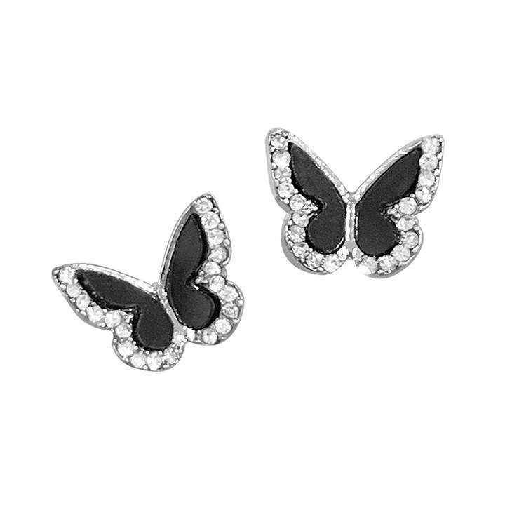 Обеци с пеперуди, Платинено покритие, Черен, 1,1 см