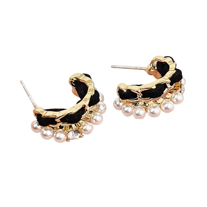 Cercei cerc cu perle de catifea neagra, placat cu aur, 1.6cm