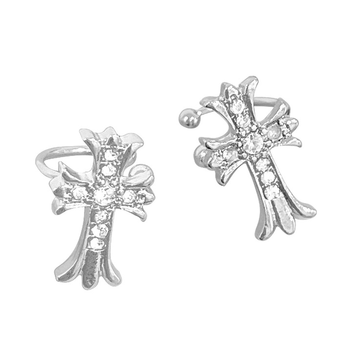 Обеци тип пиърсинг без продупчване, Кръст, Имитация на диаманти, Платинено покритие, 1,8 см