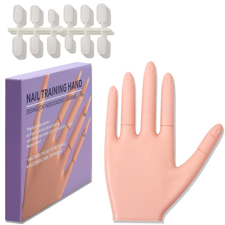 Set mana de practica pentru manichiura, cu 96 gel si 96 tipsuri, reutilizabile,12.6*17.3cm, Crem