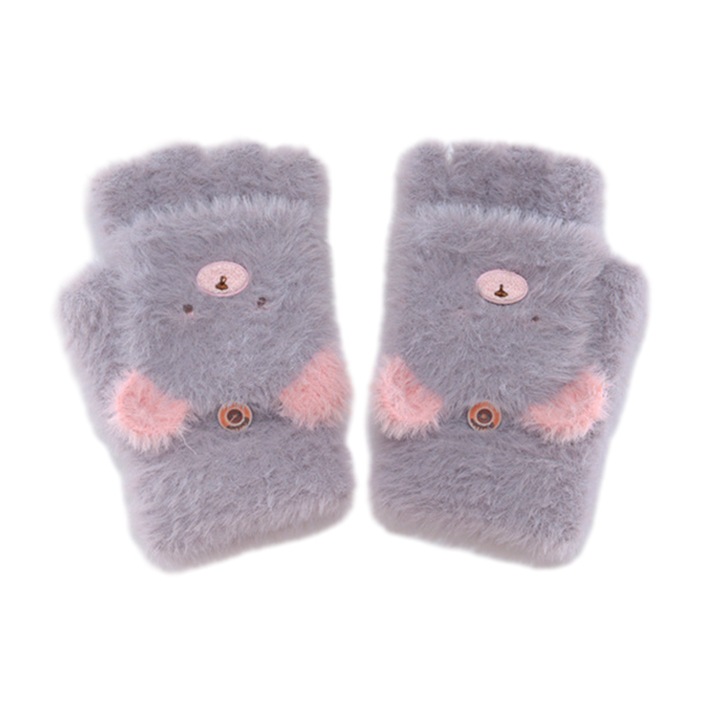 Manusi pentru copii, plus, design cu animalut, elastice, 12.5x7cm, gri