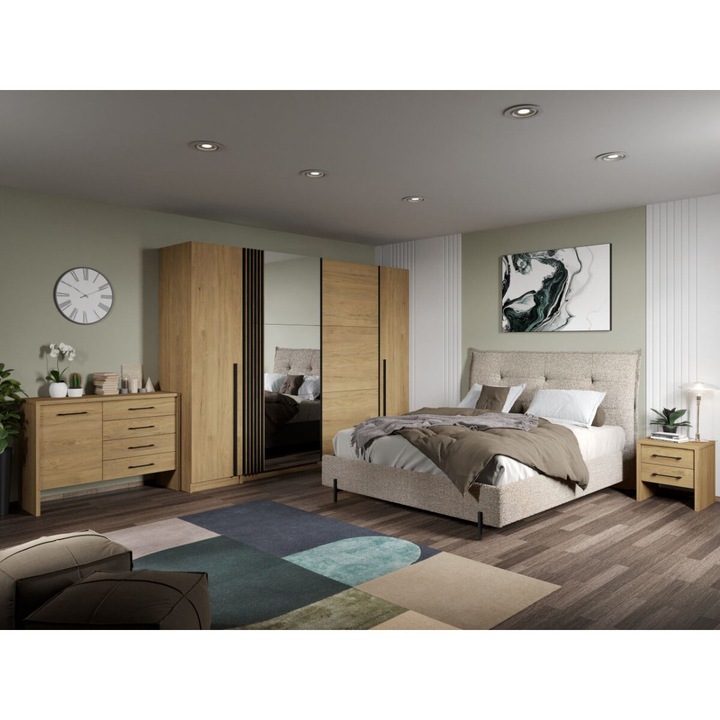 Set Mobila Dormitor, Axel tapitat, C20, Pat 160x200, 2 Noptiere, Comoda si Dulap 2.82m