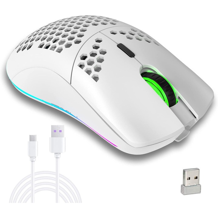 Mouse gaming wireless Crrkty, design ergonomic cu iluminare RGB, Mouse Profesional pentru Gaming & Office, Mouse 2.4GHz cu Receptor USB, Reincarcabil, Reglabil 800-3600 DPI, Mouse Ergonomic, Pentru laptop, PC, alb, 130x68x41mm