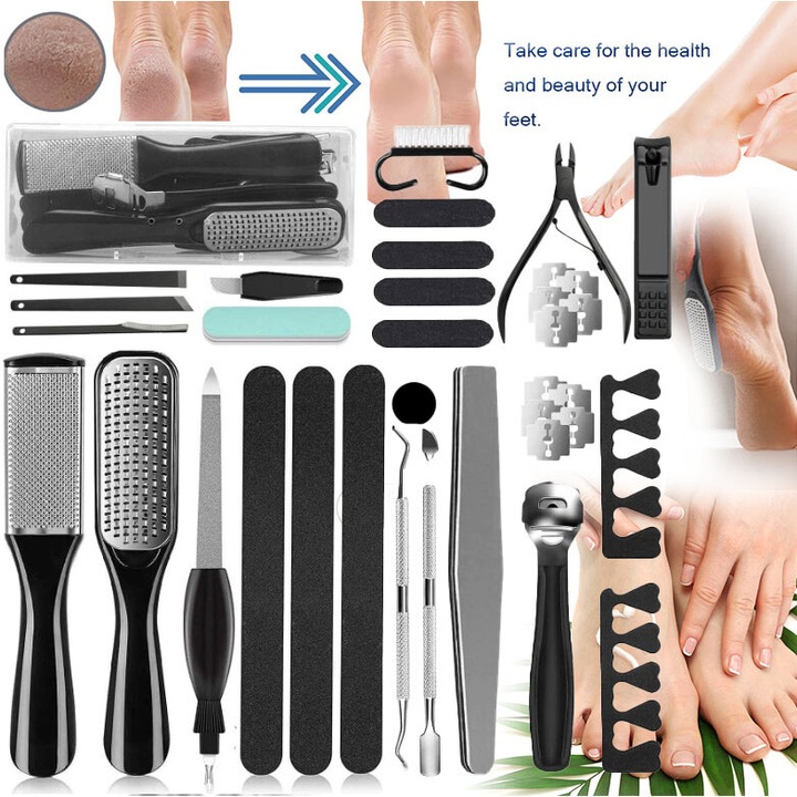 Set 36 de Instrumente profesionale pentru pedichiura medicala, Excitat®, ideale in inghrijirea picioarelor si indepartarea eficienta a calusurilor, Excitat®, material durabil din otel inoxidabil, Set complet de 36 accesorii, Varietate de negri