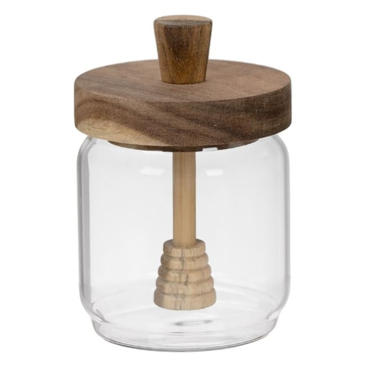 Borcan pentru miere cu capac din lemn si lingura din lemn pentru miere - 450 mm