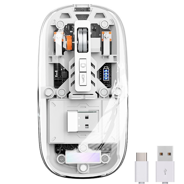 Безжична мишка, Bluetooth 2.4G, 3 режима на свързване, прозрачна, регулируема 4DPI, тиха, видим живот на батерията, зареждане, USB приемник, RGB подсветка, връщане на работния плот с едно щракване, подходяща за лаптоп/Mac, бяла
