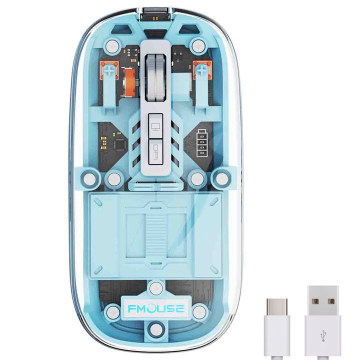 Mouse wireless, Bluetooth 2.4G, 3 moduri de conectare, transparent, 4DPI reglabil, silentios, durata de viata vizibila a bateriei, incarcare, receptor USB, iluminare de fundal RGB, returnare desktop cu un singur clic, potrivit pentru laptop/Mac, Albastru