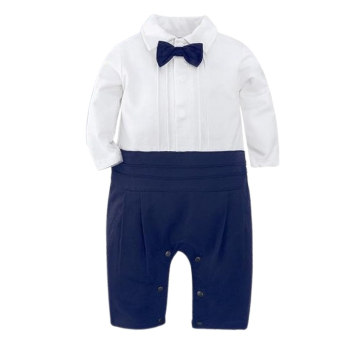 Costum dintr-o bucata pentru copii, A&J DESIGN, Outfit elegant, cu papion, prindere tip capse, Alb si bleumarin, Marimea 100