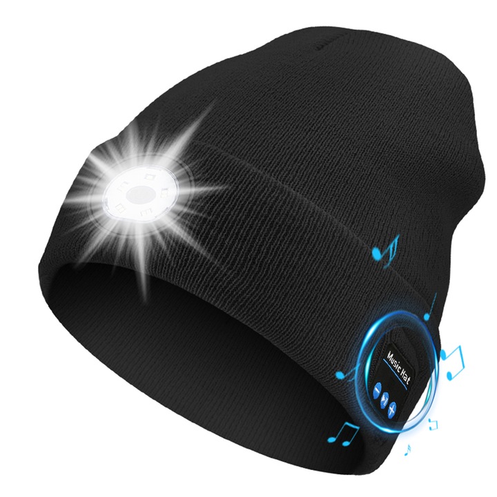LED világító kötött sapka, levehető és mosható meleg, éjszakai fény, Bluetooth, beépített fejhallgató sztereó hangszóró, futó- és túrakalap, fekete