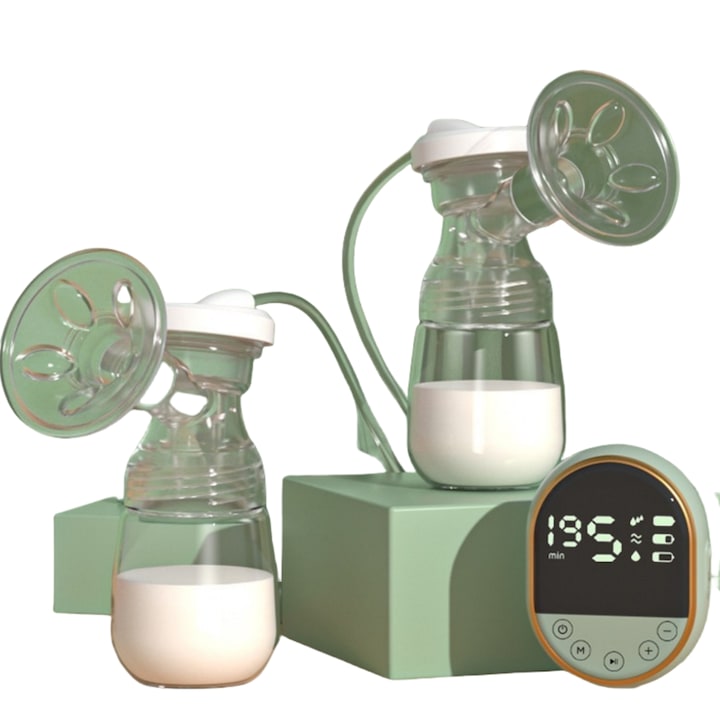 Помпа за кърма VINTOP, двойна, с 2 бутилки от 160 ml, 3 режима, 9 нива на интензивност, функция за масаж и експресен режим, ниско ниво на шум, против преливане, без BPA, безопасни материали, черно/зелено