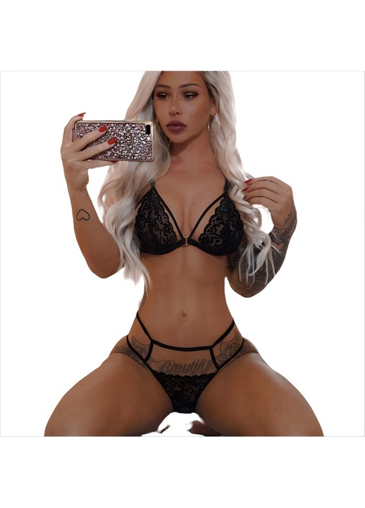 Set lenjerie sexy dama, Elastan/Lycra, Negru, Negru
