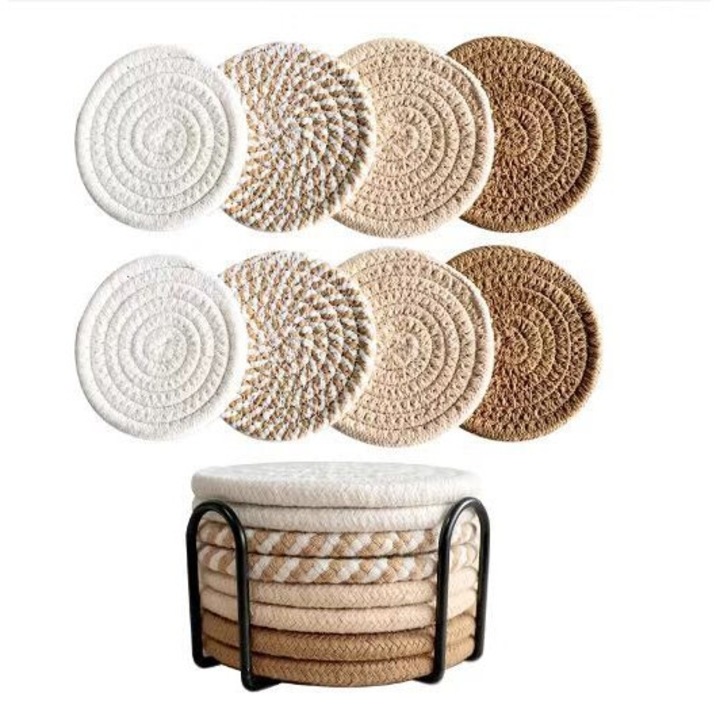 Set 8 Suporturi pentru Bauturi din Bumbac, Minimalist, 4 Culori, cu Suport Metalic, 11x11x7cm