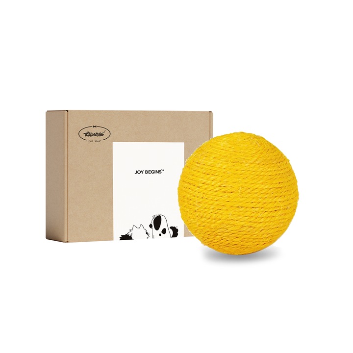 Jucarie interactiva pentru pisici cu coada, perfecta pentru divertismentul animalelor de companie, durabila si sigura, forma sferica galbena, material sisal durabil, non-toxic si ecologic