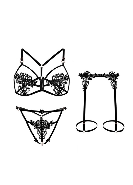 Set lenjerie sexy dama, Nylon, Negru, Plus size, Marime unica